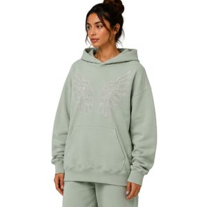 Sweat-shirt décontracté d'hiver pour femme, vert sauge, surdimensionné, avec ailes d'ange en strass, en molleton de coton premium - Product Image 3