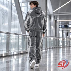 Ensemble de survêtement Premium en velours et strass 280 GSM avec sweat à capuche et pantalon ample personnalisés en acier inoxydable - Product Image 4