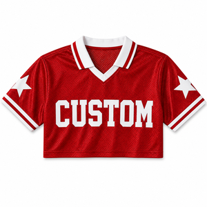 Women <b>Red</b> Mesh American Football Jersey <b>Crop</b> <b>Top</b> V Neck Short Sleeve Number Print OEM ODM Wholesale Bulk Supplier - Product Image 3