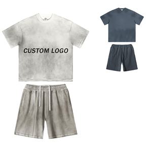 Conjunto de Dos Piezas para Hombre, Verano 2025, Estilo Lavado, Camisa de Manga Corta con Botones y Pantalones Cortos con Logotipo Frontal, Talla Grande, Estilo Urbano - Product Image 1