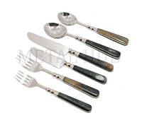 Ensemble de couverts de luxe en acier inoxydable 6 pièces avec manche incrusté de corne, fourchette, couteau, cuillère, vaisselle de table haut de gamme