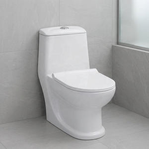 WC monobloc en céramique de style européen moderne, blanc brillant, à double chasse d'eau, pour salles de bain d'hôtel - Product Image 1