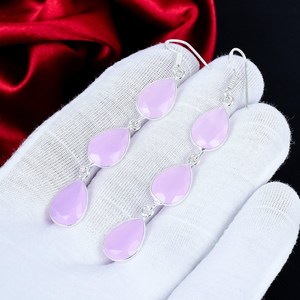 Boucles d'oreilles pendantes longues en forme de poire en argent sterling 925 avec quartz rose, bijoux en pierres précieuses faits à la main - Product Image 3