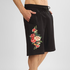 Men's <b>Black</b> Floral Print Bermuda Shorts With <b>Rose</b> Design Drawstring Waist Casual Wear Breathable Knitted Fabric - Product Image 4