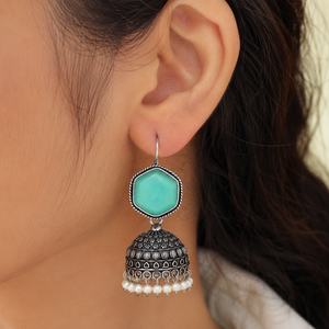 Wholesale Oxidized Silver Aqua Blue <b>Cat</b> Eye Stone Cushion Cut Pearl Jhumka <b>Earrings</b> for Women Ethnic Boho Jewelry - Product Image 5