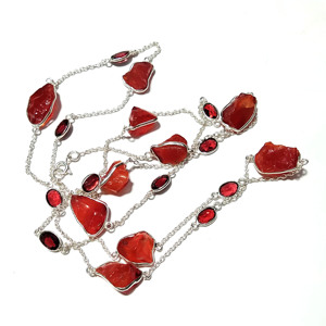 Collier Statement Bohème en Corail Rouge Naturel et Grenat, Perles en Argent Sterling 925, Pierre Brute Faite à la Main, Longue Chaîne, Bijoux Certifiés - Product Image 3