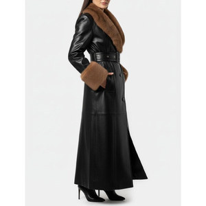 Elegant <b>Black</b> Real Leather Breathable Windproof Unisex Trench <b>Coat</b> <b>Fur</b> Trim <b>Collar</b> Cuffs Long Length Winter Outerwear Polyester - Product Image 4