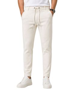 Custom Men White Slim Fit Casual Jogger Pants Elastic Waist <b>Drawstring</b> <b>Trousers</b> Soft Fabric Comfortable Daily Wear Stylish Look - Product Image 1