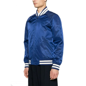 Veste de baseball en satin bleu pour homme avec bordure blanche, col rabattu, fermeture éclair, coupe classique, style preppy, veste bomber en polyester - Product Image 4