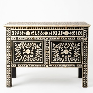 Table de chevet artisanale en os incrusté, motif floral bleu, 1 tiroir, 2 portes, armoire de rangement décorative, vente en gros indienne - Product Image 4