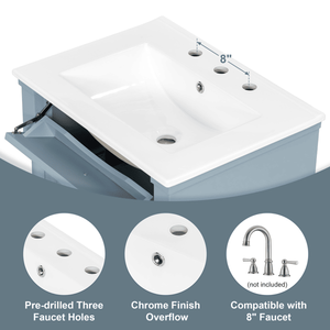 Mobile Bagno Freestanding Grigio-Blu da 24 Pollici con Lavabo, Cassetto a Ribalta e Ripiano Regolabile in Legno Massello di Gomma - Product Image 1