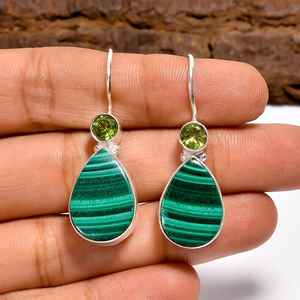 Malachite And Peridot <b>Earrings</b> Sterling Silver <b>Teardrop</b> <b>Earrings</b> Green Gemstone Dangle Handmade Boho Gift For Her - Product Image 6