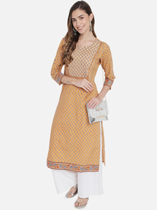 Robe de soirée longue ample à manches trois quarts, style Kurti vintage, imprimé floral traditionnel en coton, imprimé à la main au bloc, coupe trapèze - Product Image 4