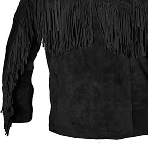 Men's Black Suede <b>Fringe</b> Leather <b>Jacket</b> Vintage Turn-down Collar Regular Fit Winter Wear Custom Wholesale OEM Factory - Product Image 4