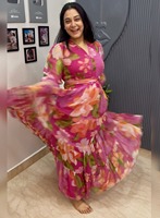 Robe longue décontractée vintage en georgette à imprimé floral, style occidental, col en V, manches 3/4, grande taille, pour femme, collection été 2026