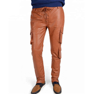 Pantalon cargo en cuir marron pour homme, taille haute, coupe droite, plusieurs poches, style workwear, fermeture boutonnée, pour l'automne - Product Image 1