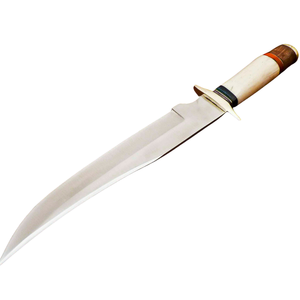 Couteau Bowie artisanal avec lame en acier courbé argenté, manche en os blanc, accents en bois brun, garde doré, lame fixe pour la chasse - Product Image 2