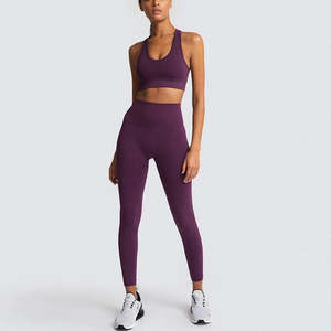 Ensemble de yoga pour femmes, haut court sans couture à dos nageur et leggings taille haute longueur intégrale, couleur unie, en Spandex et Polyester, 2 pièces - Product Image 5