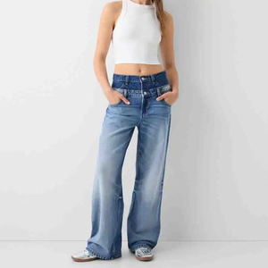 Jean taille haute coupe droite délavé bleu foncé pour femme grande taille, longueur intégrale, en coton décontracté - Product Image 4