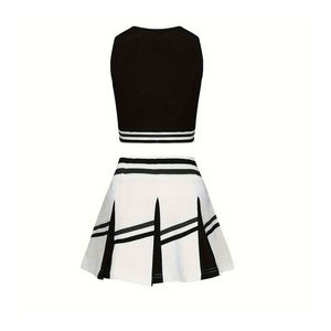 Ensemble d'uniformes de cheerleading personnalisés haut de gamme noir et blanc - Haut court sans manches à bretelles croisées avec motif étoile et jupe plissée taille haute - Product Image 2