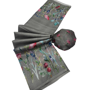 Sari Premium con Estampado Floral Gris - Prenda Étnica India de Tela Suave con Blusa a Juego - Sari de Diseño Estilo Bollywood - Product Image 1