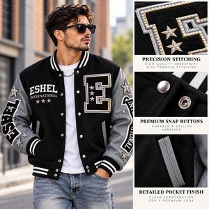 Blouson universitaire décontracté pour homme, noir et gris, avec patch brodé lettre, boutons-pression, style baseball, automne, prix de gros, personnalisation OEM - Product Image 5