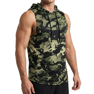 OEM Custom Logo Men's <b>Camo</b> Sleeveless Hoodie Muscle Gym Tank <b>Top</b> Wholesale Fitness Workout Vest Kangaroo Pocket Hooded Tank <b>Tops</b> - Product Image 1