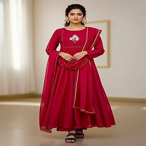 VASTRA COTTAGE Conjunto de Vestido de Viscosa Pura Mul Chanderi con Pantalón de Crepé de Seda y Dupatta Gotta Patti, Color Vino Oscuro, Tradicional para Mujer - Product Image 1