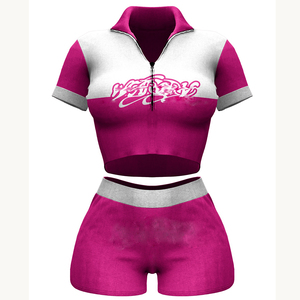 Conjunto de shorts para mujer, tela premium de nylon y spandex con diseño de paneles azules y rosas, logotipo personalizado con transferencia térmica. - Product Image 3