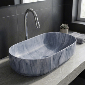 Lavabo de salle de bain rectangulaire moderne en céramique, aspect marbre blanc, design artistique - Product Image 4