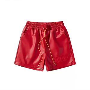 Shorts de Cuero Sólido en Stock con Cintura Elástica, Bolsillos Laterales, Cordón Elástico en la Parte Inferior y Bordado Sencillo para Hombre - Product Image 6