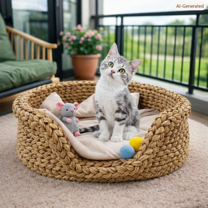 Buff Round Bamboo Handcrafted 100% Cotton Soft Woven Minimalist Modern Cat <b>Bed</b> Indoor Space-Saving <b>Storage</b> Basket 4-5L - Product Image 5