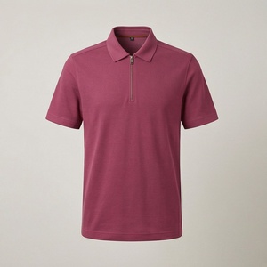 Polo à manches courtes pour homme, couleur bordeaux, fermeture éclair sur le devant, décontracté, tricoté, design uni, coupe classique - Product Image 1