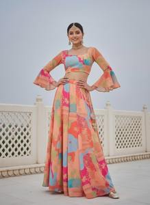 Conjunto de lehenga choli con top corto de georgette estampado digital para mujer, ropa festiva para fiestas, cosido, tallas 34 a 42 - Product Image 2