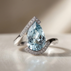 Anillo de compromiso solitario en forma de V de oro blanco de 10K con aguamarina de corte pera y diamantes cultivados en laboratorio con pavé, diamante certificado IGI. - Product Image 2