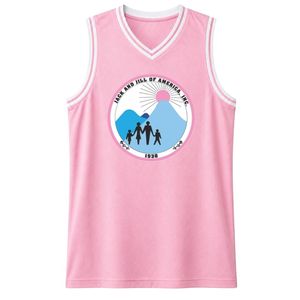 เสื้อบาสเก็ตบอลปักลายตราสัญลักษณ์ Pink Jack & Jill สำหรับผู้หญิง แบบแขนกุด คอวี แต่งขอบสีขาว สามารถสั่งทำสำหรับทีมได้ - Product Image 1
