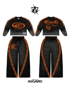 Ensemble haut court à manches superposées et pantalon large noir et orange, style Cash Drip Status |   Ensemble streetwear oversize assorti, fabrication OEM, marque privée - Product Image 1