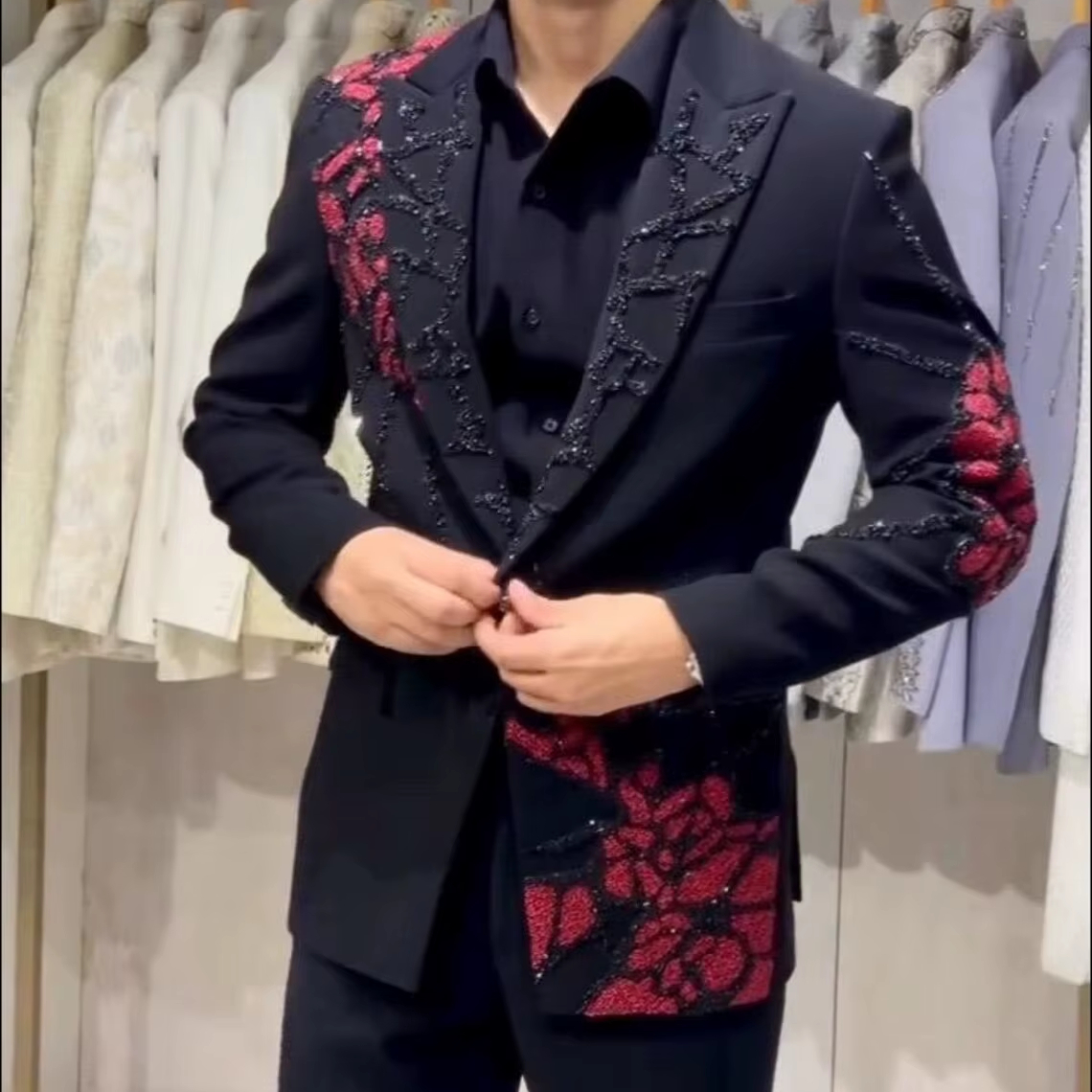 green emerald velvet dress Boy's Outlet Red Sequin Tuxedo Suit with Black Lapel Luxury Slim Fit Blazer and Pants Set Matching S