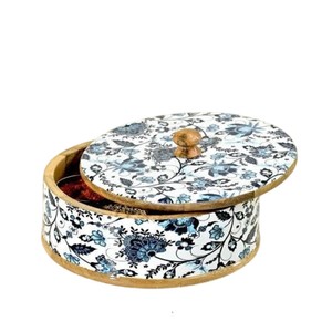 Caja de Masala Redonda de Madera de Mango Hecha a Mano con Estampado Floral, Multi-Compartimentos, con Tapa Esmaltada para Decoración de Cocina - Product Image 1
