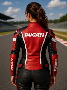 Blouson de course en cuir unisexe Ducati, manches longues, imprimé par transfert thermique, coupe-vent, rouge, noir, blanc, logo avant, printemps, adultes - Product Image 2