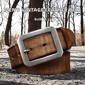 Cinturón Retro para Hombre, Hecho a Mano, con Hebilla de Latón Reforzado, Cuero Vacuno de Primera Capa, Estilo Casual Versátil, Vintage y Moderno - Product Image 2