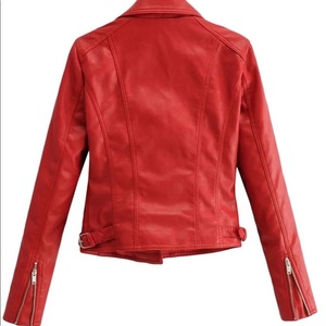 Women's Red PU Leather Moto <b>Jacket</b> Full Sleeve Zipper Stand Collar Autumn Style - Product Image 2
