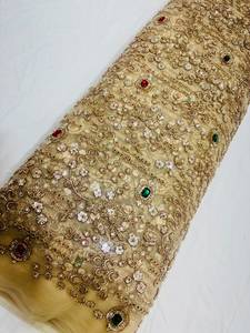 Luxury Imported Tulle <b>Fabric</b> with Hand Bead Embroidery <b>for</b> Bridal Wear Lehengas Gowns & Fashion Apparel - Product Image 1