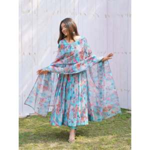 Hermoso Vestido Anarkali con Estampado Floral, Talla XS, para Fiesta, con Pantalón y Dupatta - Product Image 1