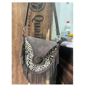 Women Designer Cowgirl Cowhide Messenger Bag Elegant Indian Bohemian Style Handmade Western Leather <b>Beaded</b> Fringes Shoulder Bag - Product Image 1