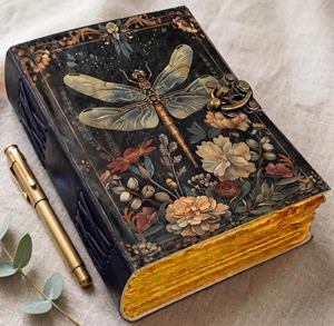 Dragonfly Botanical Leder A5 Planer Tagebuch Handgefertigtes Blumen-Tagebuch mit Antik-Verschluss und Fadenbindung - Product Image 1