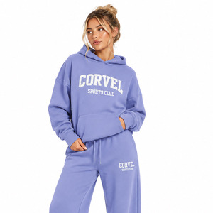 Sudadera con capucha oversize de algodón premium con gráfico de letras universitarias en arco de color liso para mujer, pantalones deportivos de pierna ancha, MOQ bajo - Product Image 5