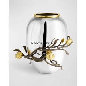 Vase à fleurs cylindrique de couleur rose avec revêtement en poudre et boules métalliques dorées, accessoires décoratifs pour la maison et l'hôtel - Product Image 3