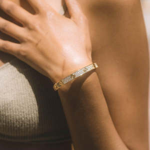 925 Sterling <b>Silver</b> Yellow Gold Plated Pave Screw <b>Bangle</b> <b>Bracelet</b> Luxury Designer Style Cuff for Women - Product Image 1