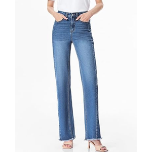 Jean taille haute pour femme, coupe large, en denim extensible à ourlet brut, style décontracté, vente en gros - Product Image 5